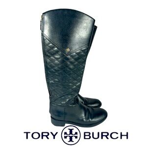 Tory Burch Riding Boots Claremont Tall Boots Quilted Black Vegan Leather…